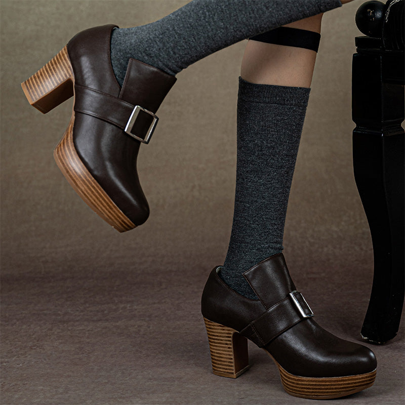 Handmade Vintage Square Buckle Pumps Women British Style Block Heels in Two Heel Heights