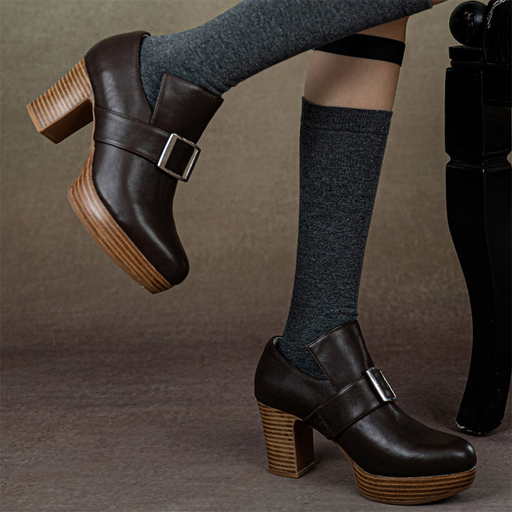 Handmade Vintage Square Buckle Pumps Women British Style Block Heels in Two Heel Heights