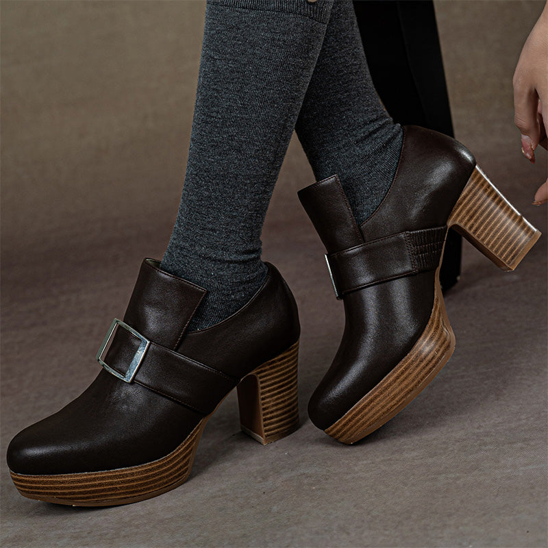 Handmade Vintage Square Buckle Pumps Women British Style Block Heels in Two Heel Heights