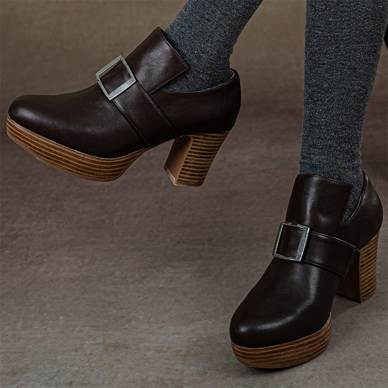 Handmade Vintage Square Buckle Pumps Women British Style Block Heels in Two Heel Heights