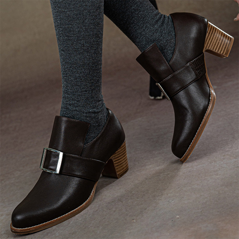 Handmade Vintage Square Buckle Pumps Women British Style Block Heels in Two Heel Heights