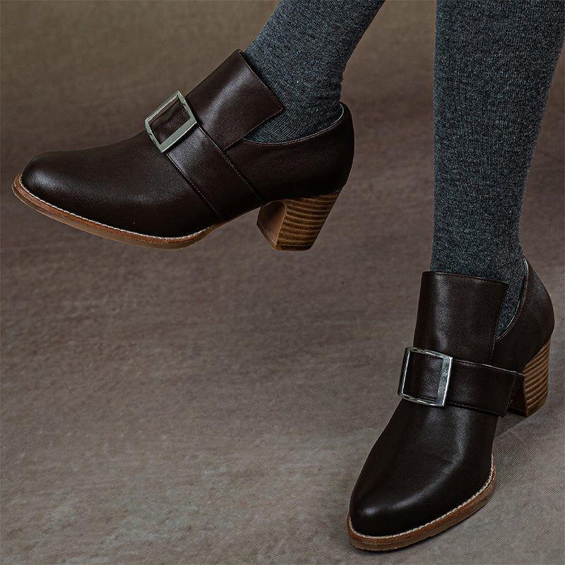 Handmade Vintage Square Buckle Pumps Women British Style Block Heels in Two Heel Heights