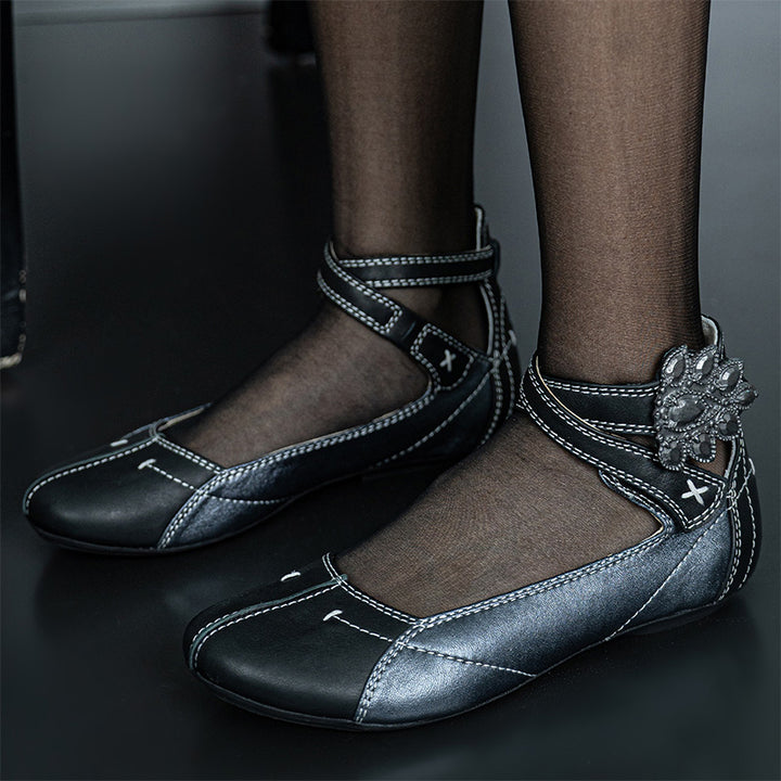 Handmade Vintage Patchwork Mary Jane Sandals Women Ankle Strap Flat Shoes in Black and Gray
