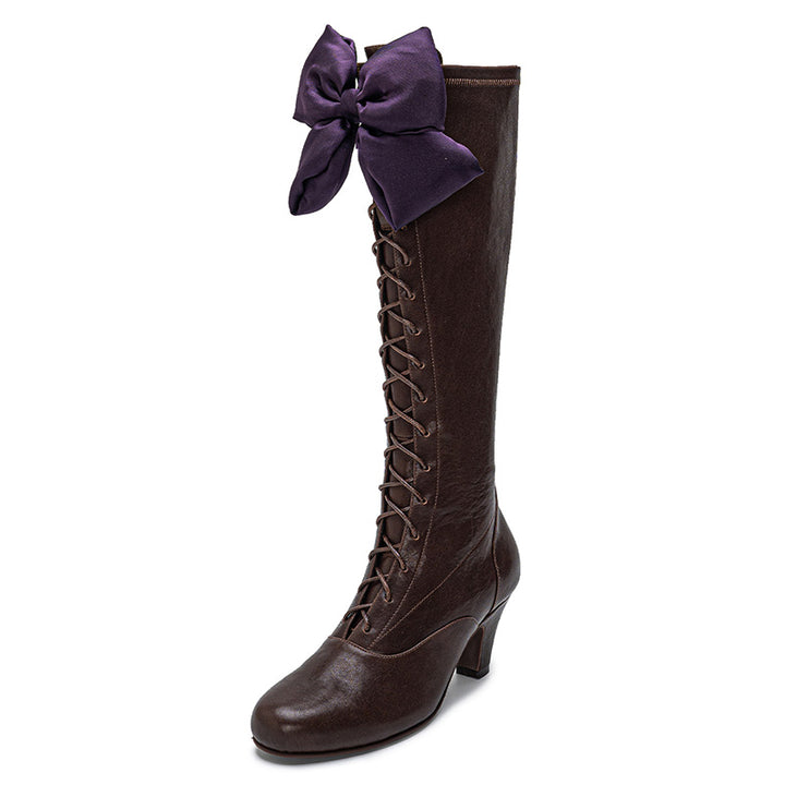 Handmade Victorian Lace-Up Knee High Boots Purple Bow Louis Heel Corset Boots in Coffee