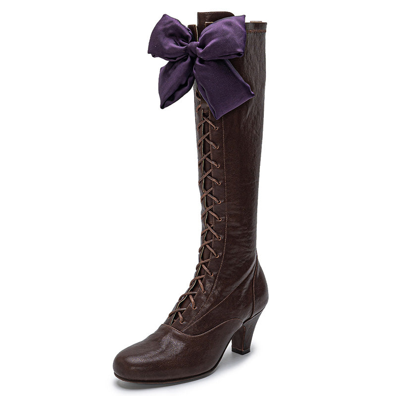 Handmade Victorian Lace-Up Knee High Boots Purple Bow Louis Heel Corset Boots in Coffee