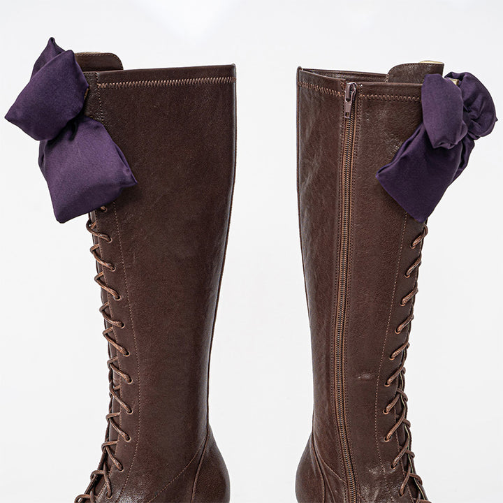 Handmade Victorian Lace-Up Knee High Boots Purple Bow Louis Heel Corset Boots in Coffee