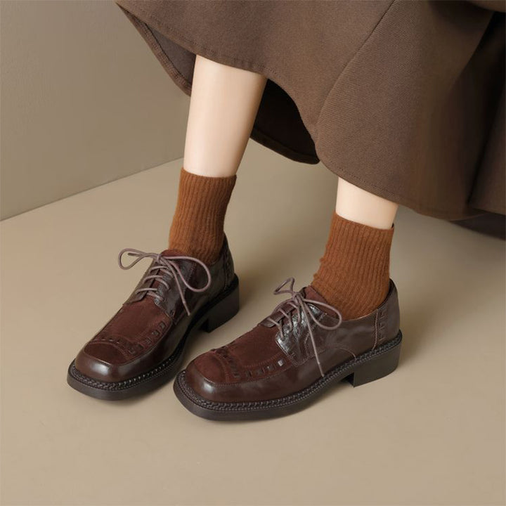 British Style Patchwork Woven Leather Platform Derby Shoes for Women in Black/Brown