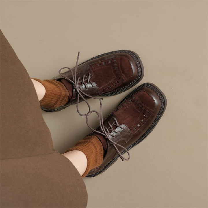 British Style Patchwork Woven Leather Platform Derby Shoes for Women in Black/Brown