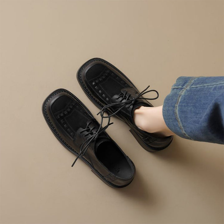 British Style Patchwork Woven Leather Platform Derby Shoes for Women in Black/Brown