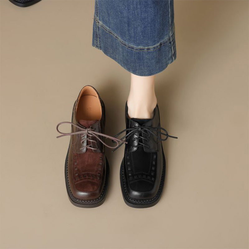 British Style Patchwork Woven Leather Platform Derby Shoes for Women in Black/Brown