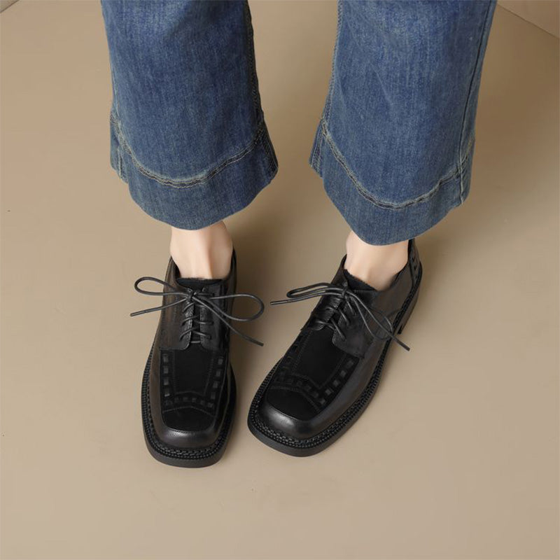 British Style Patchwork Woven Leather Platform Derby Shoes for Women in Black/Brown
