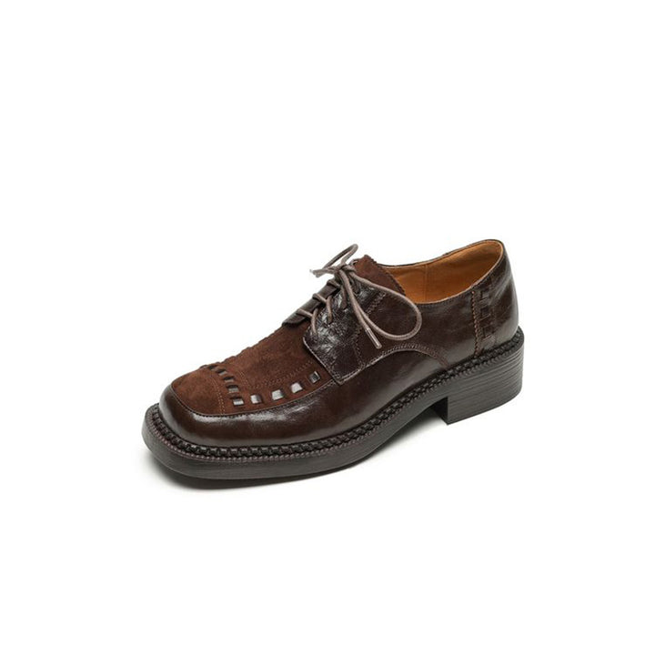 British Style Patchwork Woven Leather Platform Derby Shoes for Women in Black/Brown
