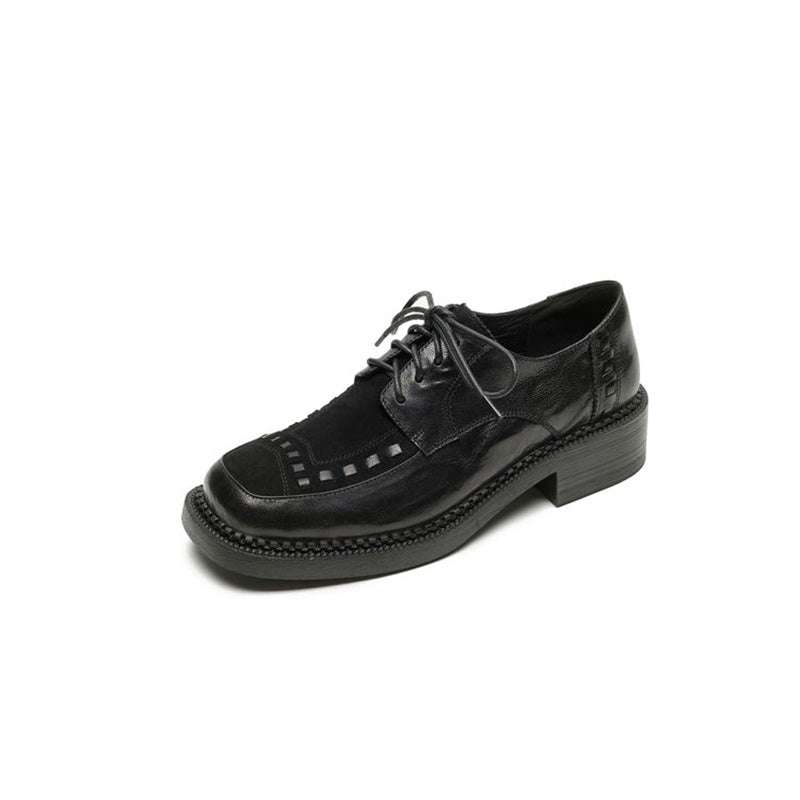 British Style Patchwork Woven Leather Platform Derby Shoes for Women in Black/Brown
