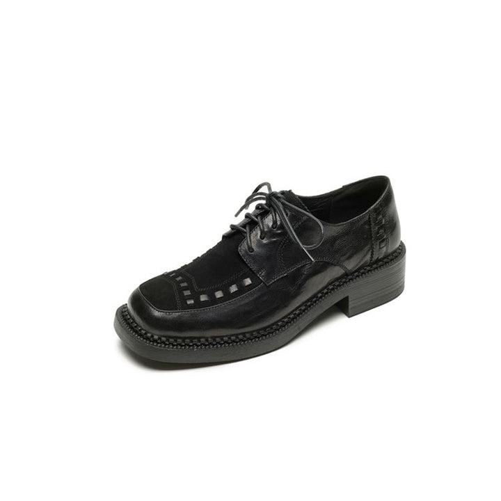 British Style Patchwork Woven Leather Platform Derby Shoes for Women in Black/Brown
