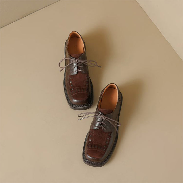 British Style Patchwork Woven Leather Platform Derby Shoes for Women in Black/Brown