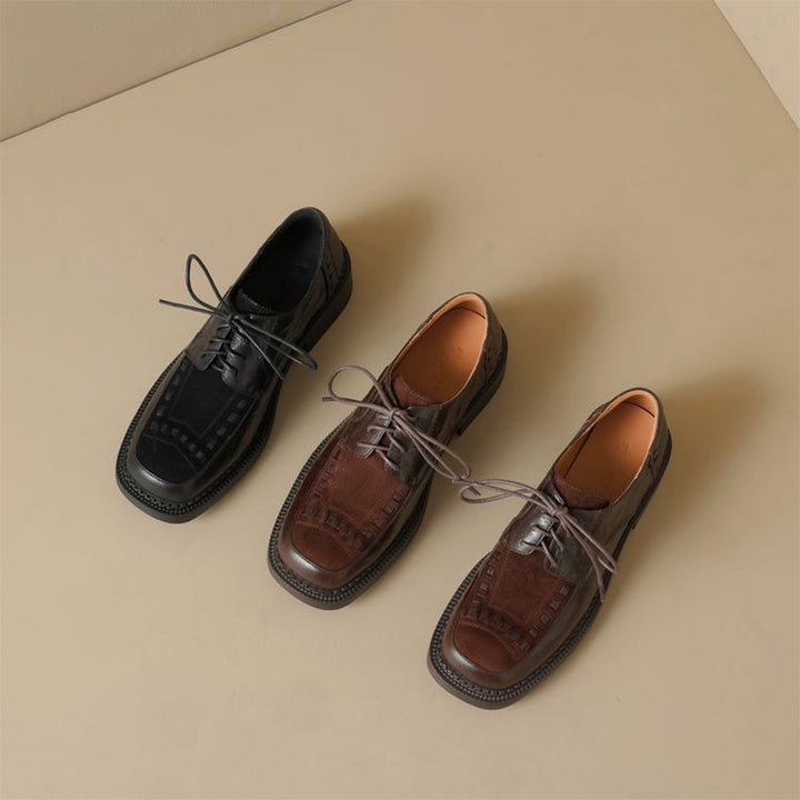 British Style Patchwork Woven Leather Platform Derby Shoes for Women in Black/Brown