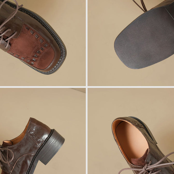 British Style Patchwork Woven Leather Platform Derby Shoes for Women in Black/Brown