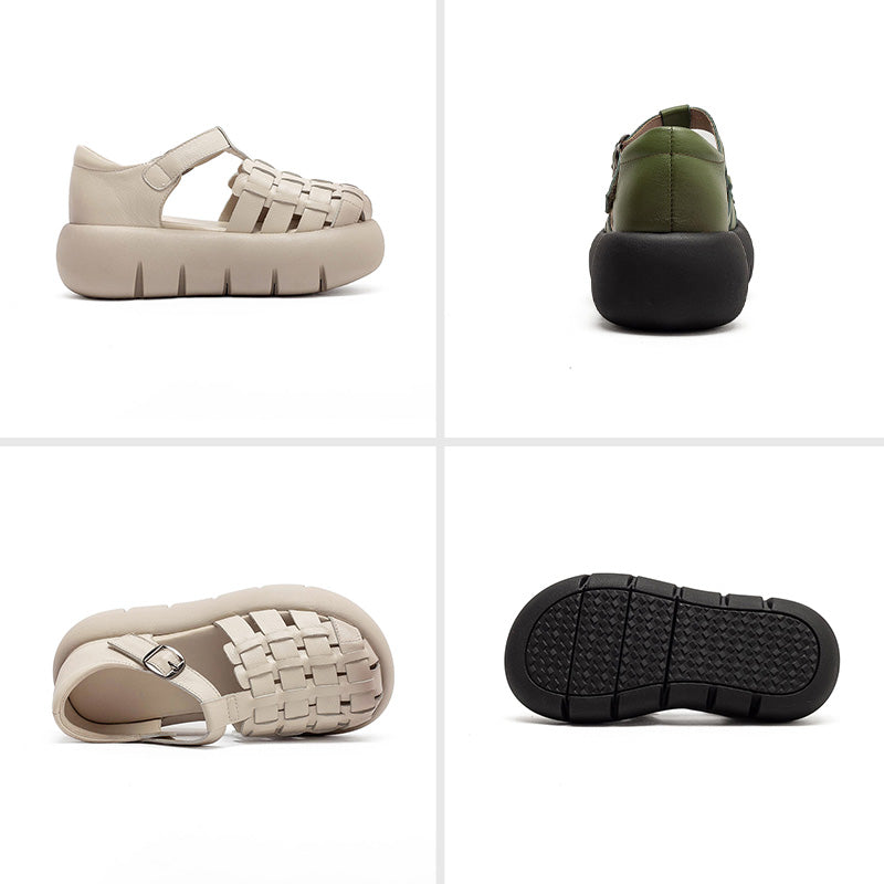 Cowhide Woven Closed Toe Fisherman Sandals T-Strap Platform Shoes for Women in 4 Colors