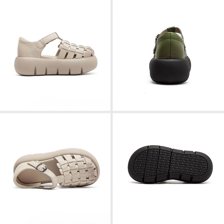 Cowhide Woven Closed Toe Fisherman Sandals T-Strap Platform Shoes for Women in 4 Colors