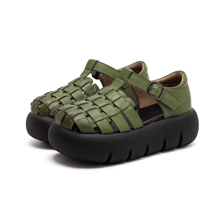 Cowhide Woven Closed Toe Fisherman Sandals T-Strap Platform Shoes for Women in 4 Colors