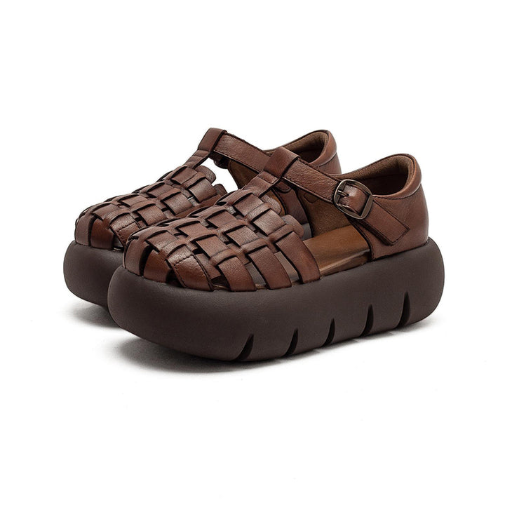 Cowhide Woven Closed Toe Fisherman Sandals T-Strap Platform Shoes for Women in 4 Colors