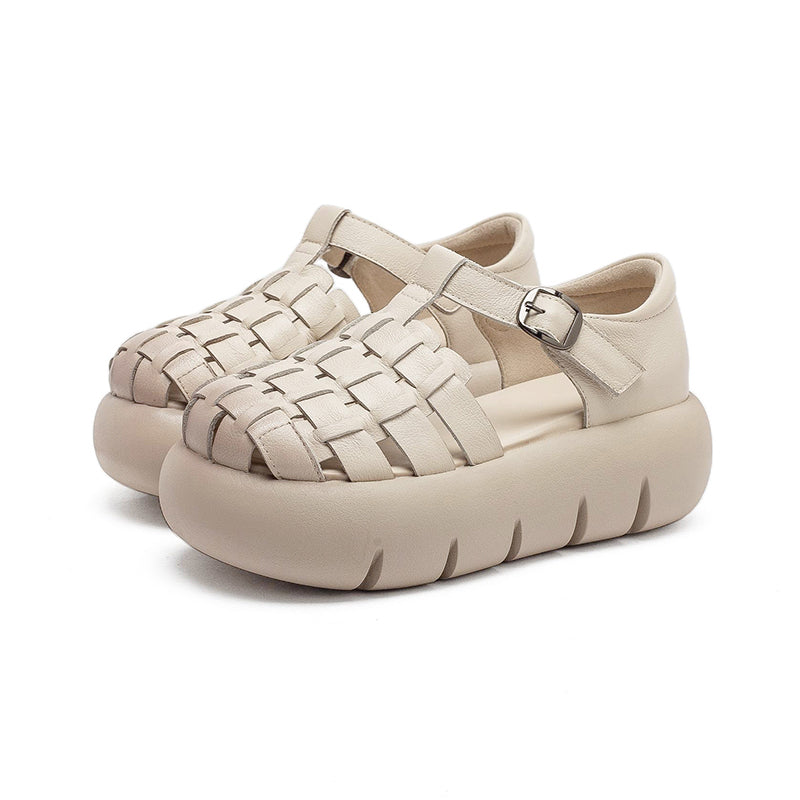 Cowhide Woven Closed Toe Fisherman Sandals T-Strap Platform Shoes for Women in 4 Colors