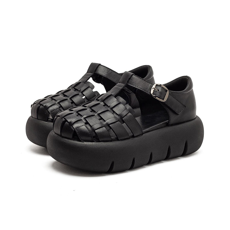 Cowhide Woven Closed Toe Fisherman Sandals T-Strap Platform Shoes for Women in 4 Colors
