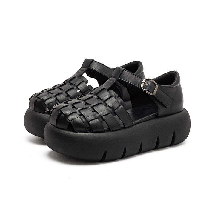 Cowhide Woven Closed Toe Fisherman Sandals T-Strap Platform Shoes for Women in 4 Colors