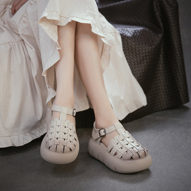 Cowhide Woven Closed Toe Fisherman Sandals T-Strap Platform Shoes for Women in 4 Colors