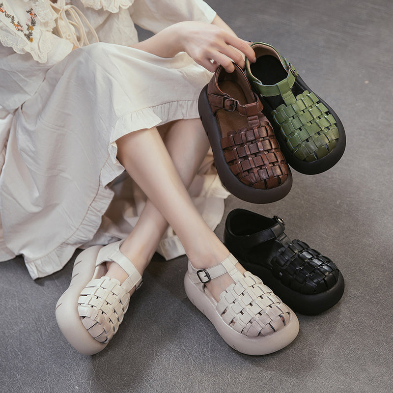 Cowhide Woven Closed Toe Fisherman Sandals T-Strap Platform Shoes for Women in 4 Colors