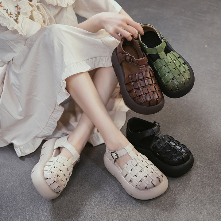 Cowhide Woven Closed Toe Fisherman Sandals T-Strap Platform Shoes for Women in 4 Colors