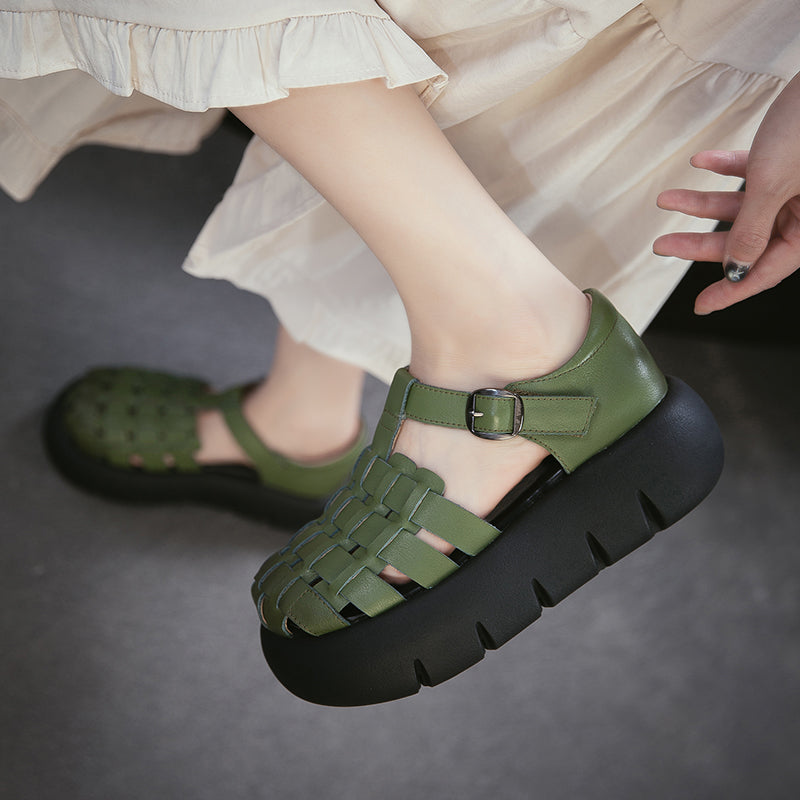 Cowhide Woven Closed Toe Fisherman Sandals T-Strap Platform Shoes for Women in 4 Colors