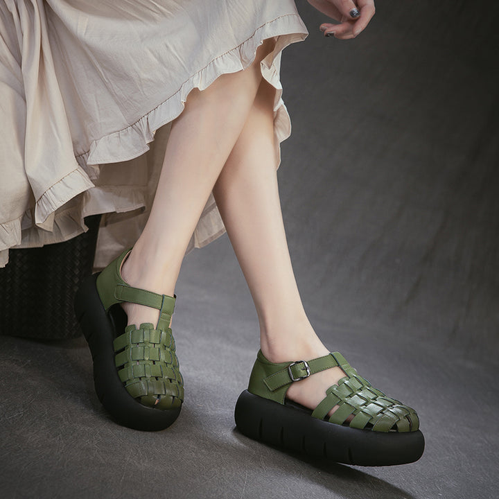 Cowhide Woven Closed Toe Fisherman Sandals T-Strap Platform Shoes for Women in 4 Colors