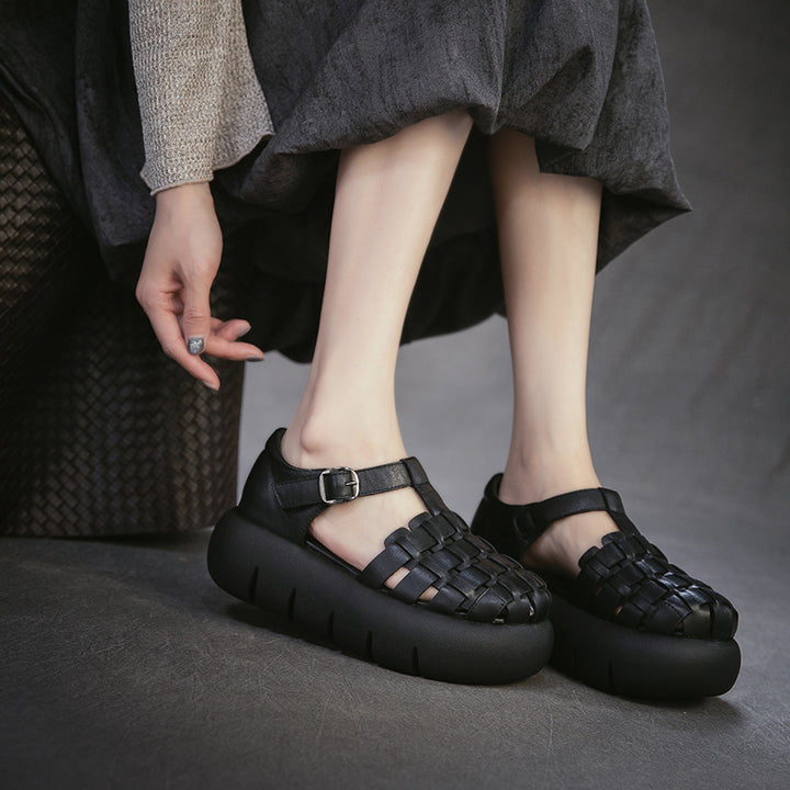 Cowhide Woven Closed Toe Fisherman Sandals T-Strap Platform Shoes for Women in 4 Colors