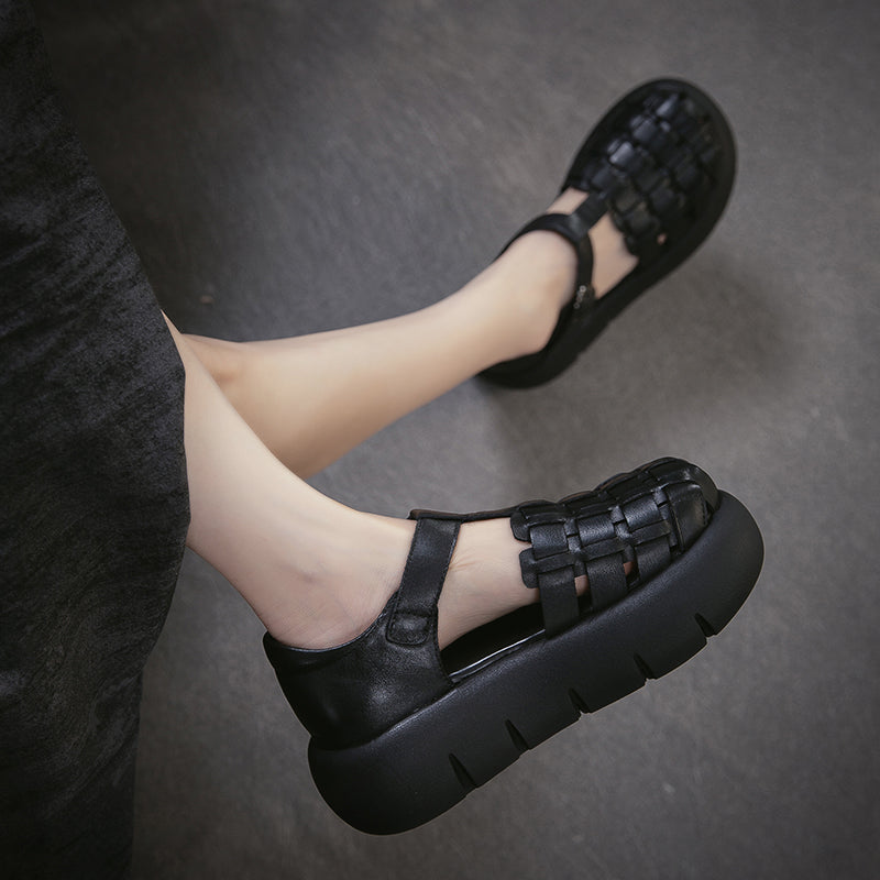 Cowhide Woven Closed Toe Fisherman Sandals T-Strap Platform Shoes for Women in 4 Colors