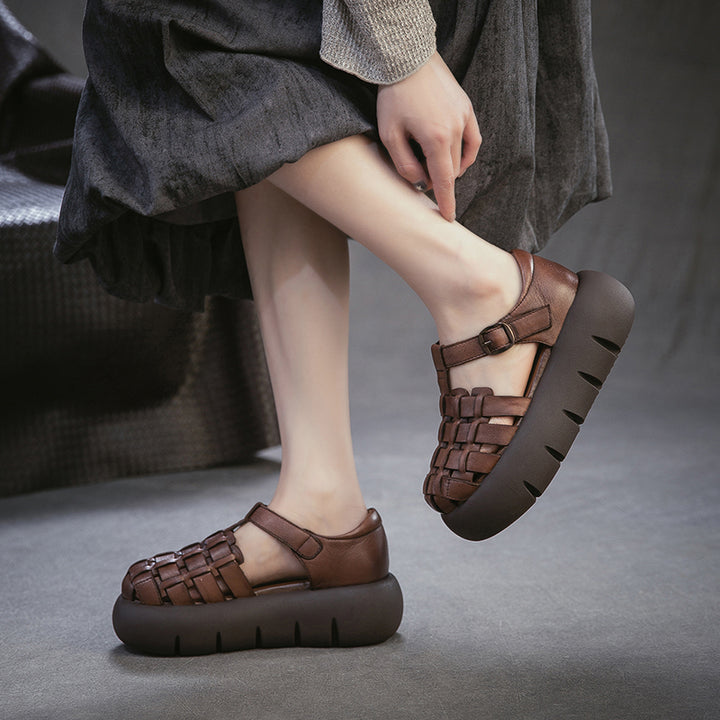 Cowhide Woven Closed Toe Fisherman Sandals T-Strap Platform Shoes for Women in 4 Colors