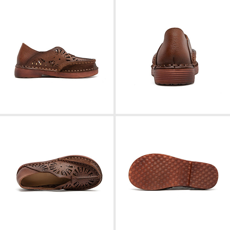 Vintage Hollow Out Leather Loafers Women Breathable Slip-On Flat Shoes in Dark Brown/Green/Beige