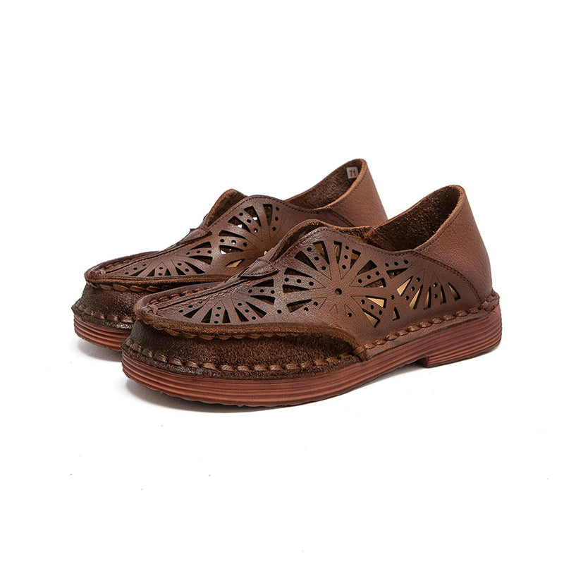 Vintage Hollow Out Leather Loafers Women Breathable Slip-On Flat Shoes in Dark Brown/Green/Beige
