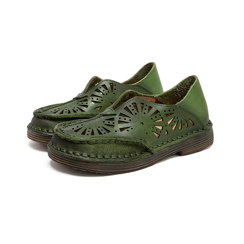 Vintage Hollow Out Leather Loafers Women Breathable Slip-On Flat Shoes in Dark Brown/Green/Beige