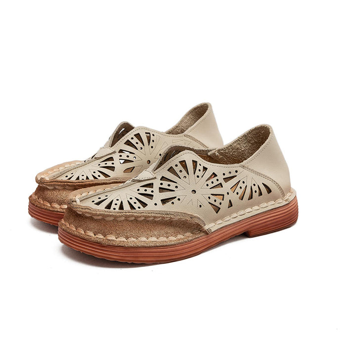 Vintage Hollow Out Leather Loafers Women Breathable Slip-On Flat Shoes in Dark Brown/Green/Beige