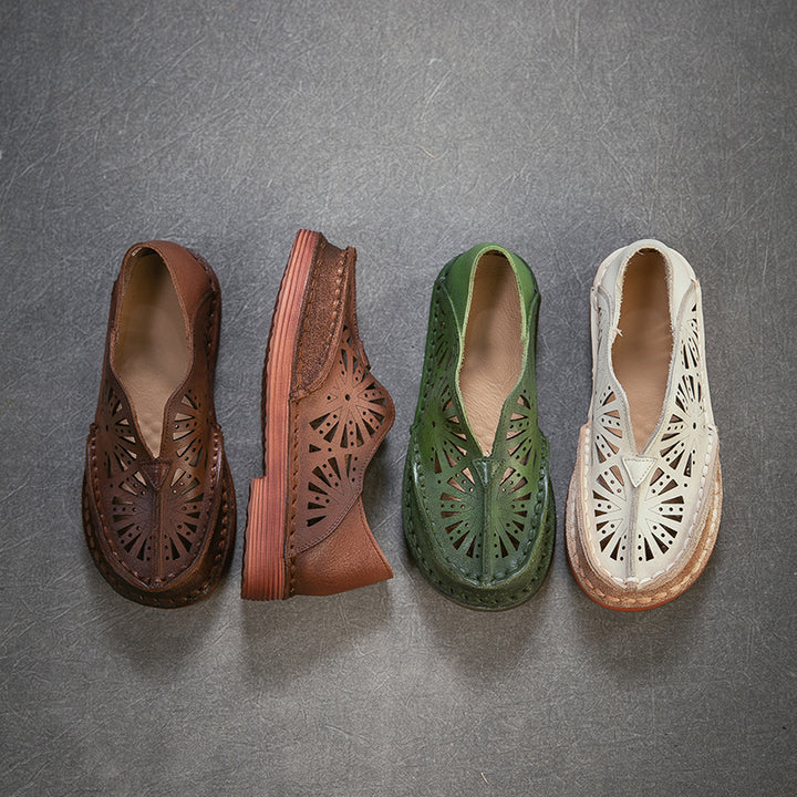 Vintage Hollow Out Leather Loafers Women Breathable Slip-On Flat Shoes in Dark Brown/Green/Beige
