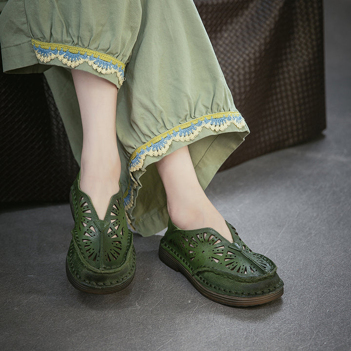 Vintage Hollow Out Leather Loafers Women Breathable Slip-On Flat Shoes in Dark Brown/Green/Beige