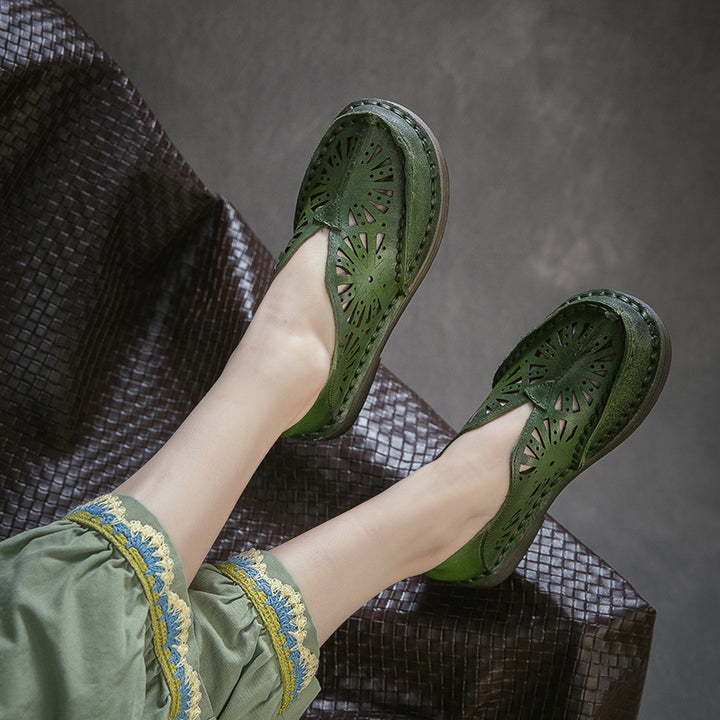Vintage Hollow Out Leather Loafers Women Breathable Slip-On Flat Shoes in Dark Brown/Green/Beige
