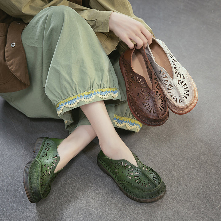 Vintage Hollow Out Leather Loafers Women Breathable Slip-On Flat Shoes in Dark Brown/Green/Beige