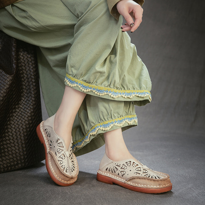 Vintage Hollow Out Leather Loafers Women Breathable Slip-On Flat Shoes in Dark Brown/Green/Beige