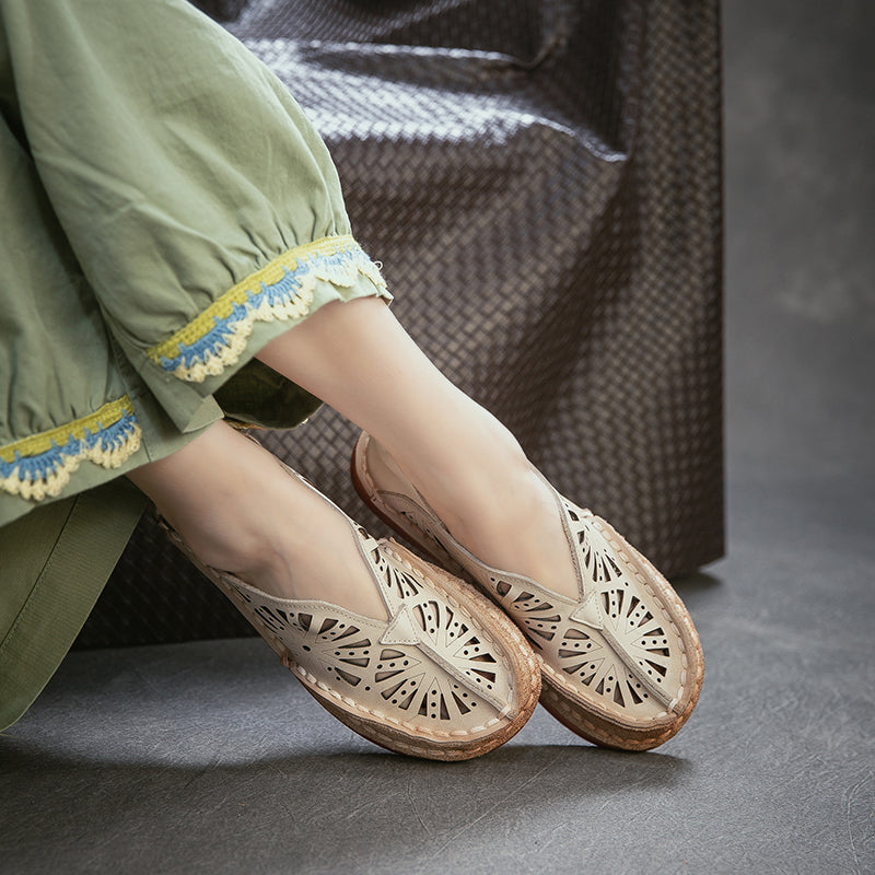 Vintage Hollow Out Leather Loafers Women Breathable Slip-On Flat Shoes in Dark Brown/Green/Beige