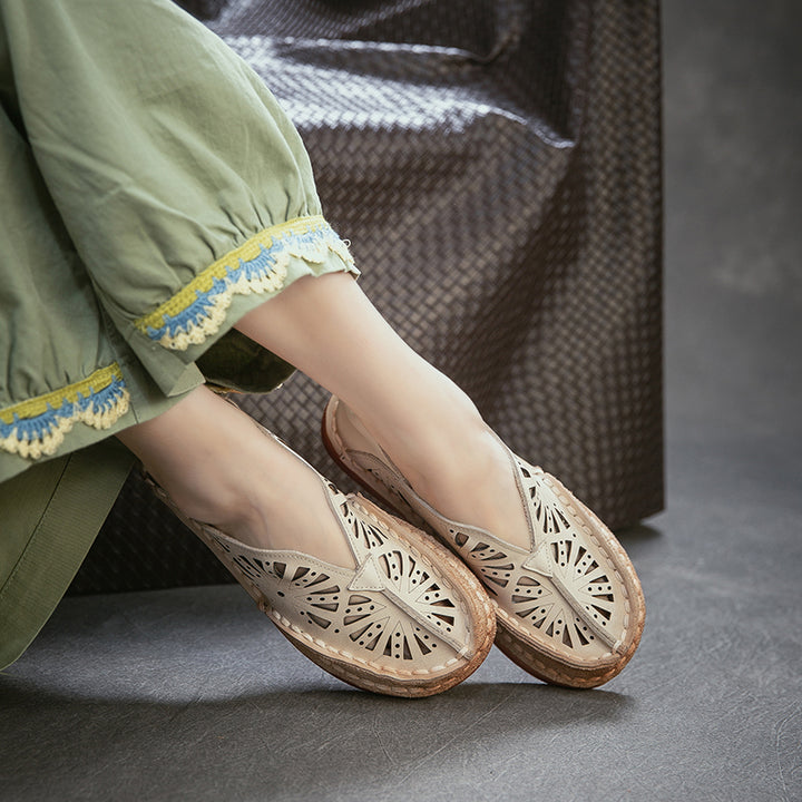 Vintage Hollow Out Leather Loafers Women Breathable Slip-On Flat Shoes in Dark Brown/Green/Beige