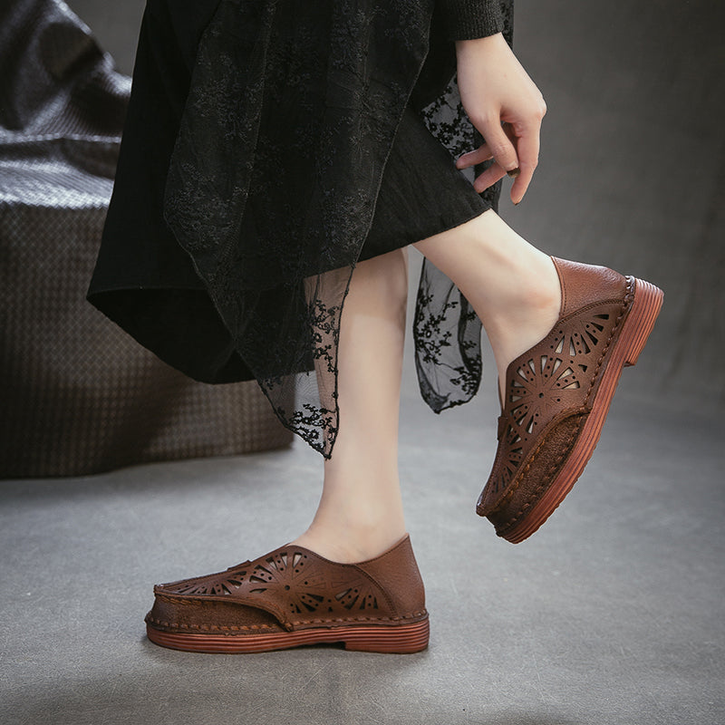 Vintage Hollow Out Leather Loafers Women Breathable Slip-On Flat Shoes in Dark Brown/Green/Beige