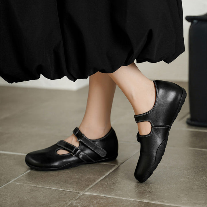 Handmade Vintage Cutout Leather Mary Jane Flats for Women with Hidden Lift in Black/Brown