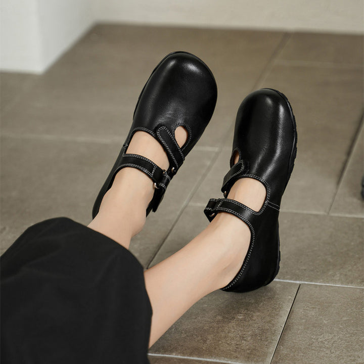Handmade Vintage Cutout Leather Mary Jane Flats for Women with Hidden Lift in Black/Brown